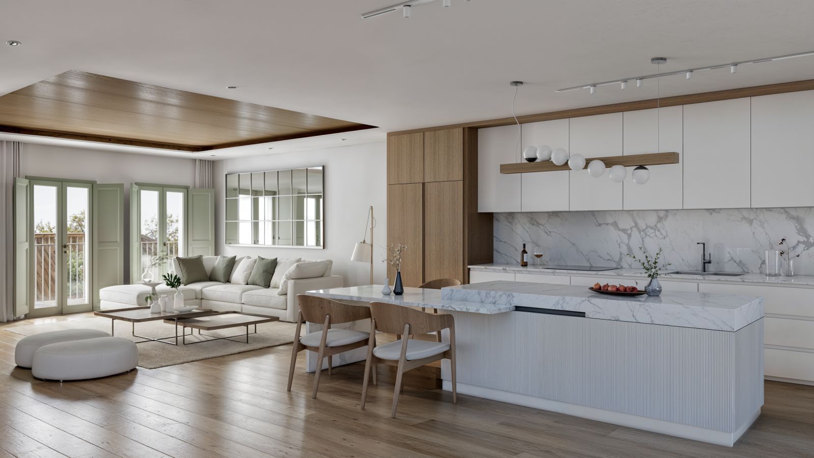 Moderne open woonkamer en keuken in luxe villa