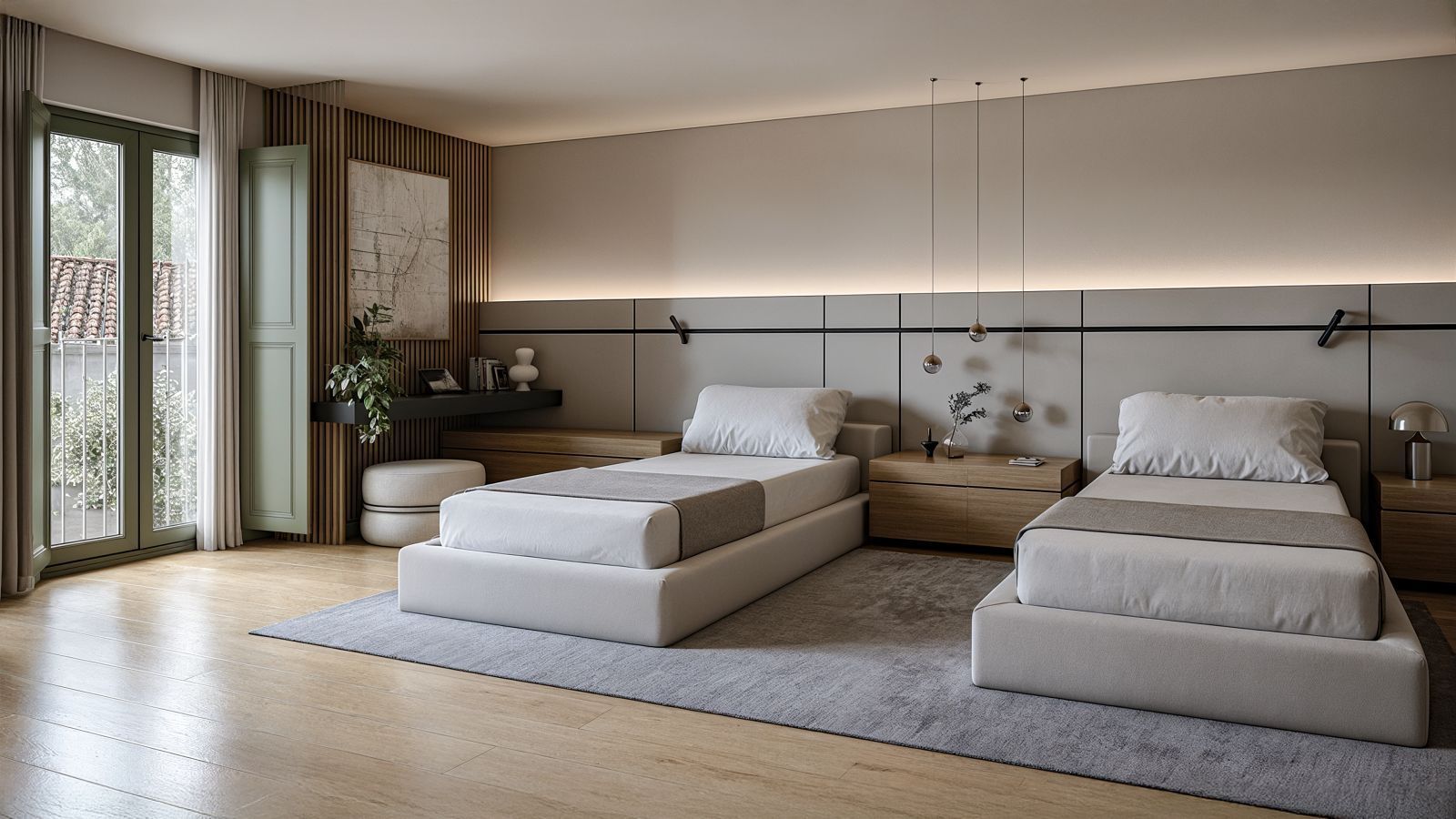 Moderne slaapkamer met twee eenpersoonsbedden en houten vloer.